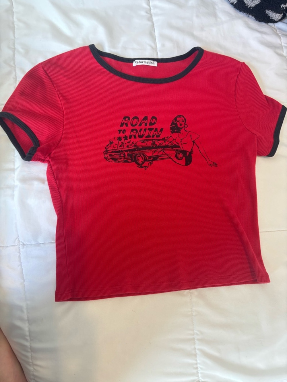 Reformation Red Ringer Tee with Black Trim and 'Road to Ruin' Graphic